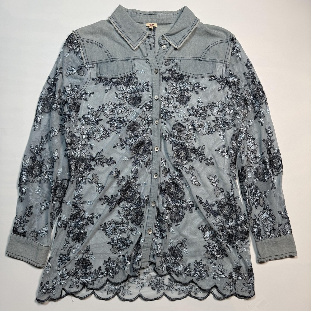 Reba Shirt Womens Medium Blue Denim Floral Embroidered Mesh Tunic Top Western